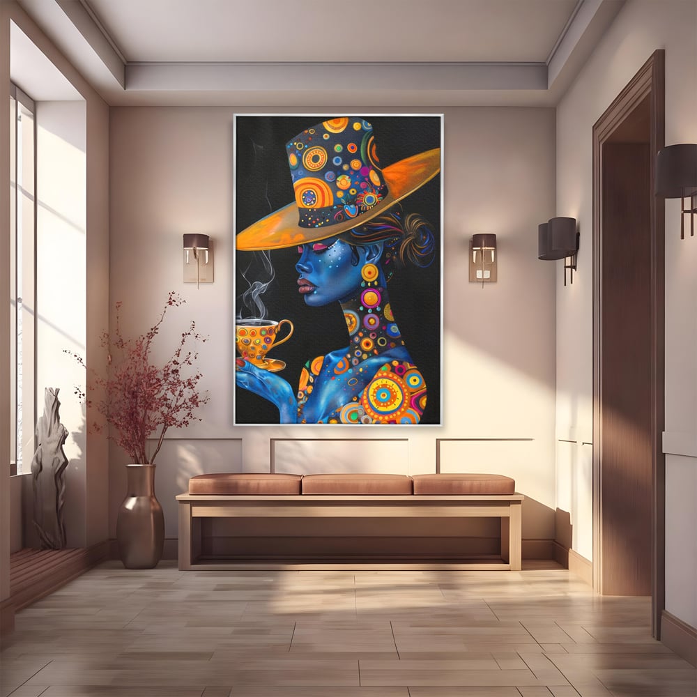 Tablou canvas cu tablou canvas cu portretul unei femei albastre, in rama de aluminiu argintiu